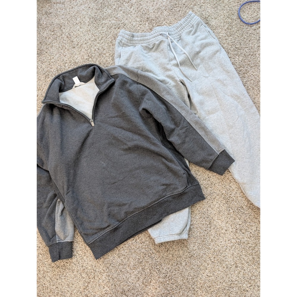 Athleta Womens Grey Coaster Luxe Quarter Zip Fleece Sweatshirt and Joggers Set M